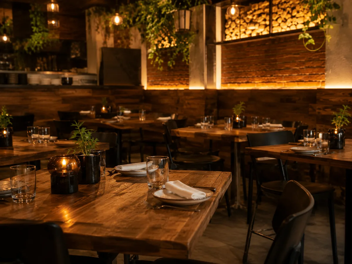 Comedor de Trattoria Lucia con mesas de madera preparadas