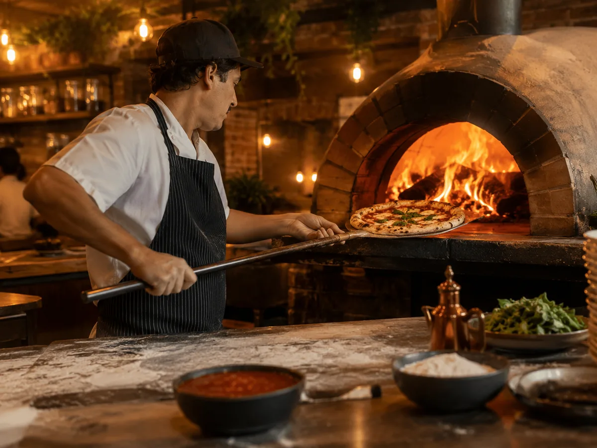 Pizzaiolo trabajando frente al horno de leña