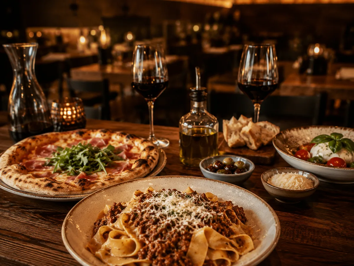Mesa servida con pasta, pizza, burrata y vino