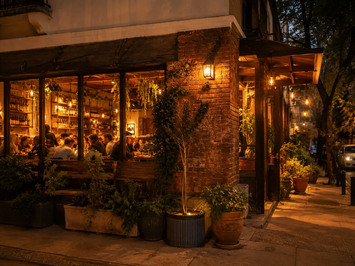 Fachada iluminada de Trattoria Lucia al anochecer