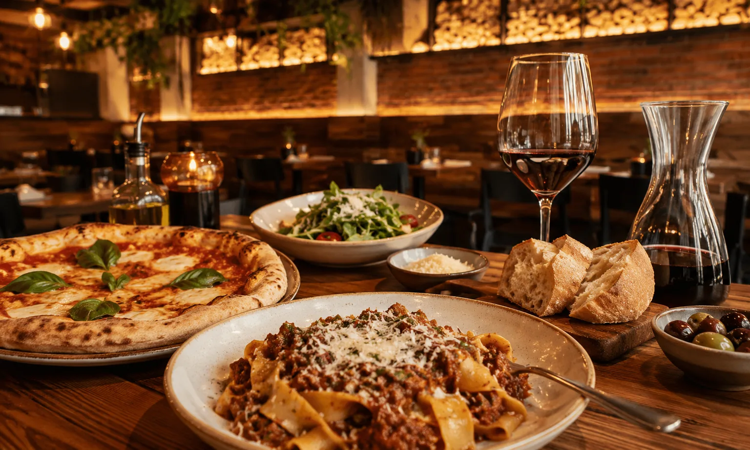 Mesa servida con pasta y vino en Trattoria Lucia