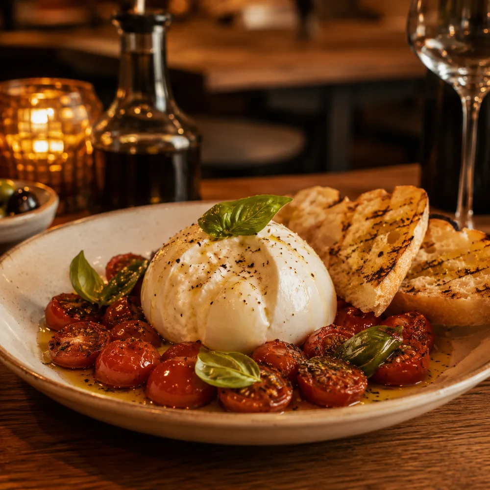 Burrata con tomates rostizados y albahaca