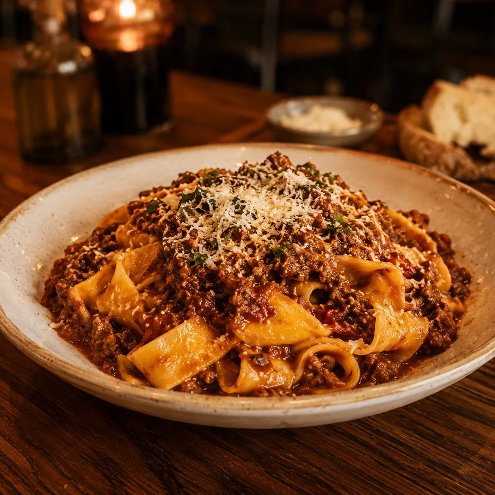 Pasta tagliatelle con salsa boloñesa