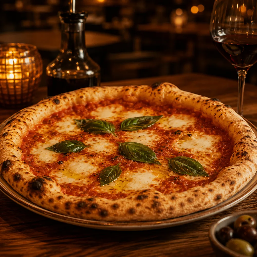 Pizza margarita con tomate y albahaca
