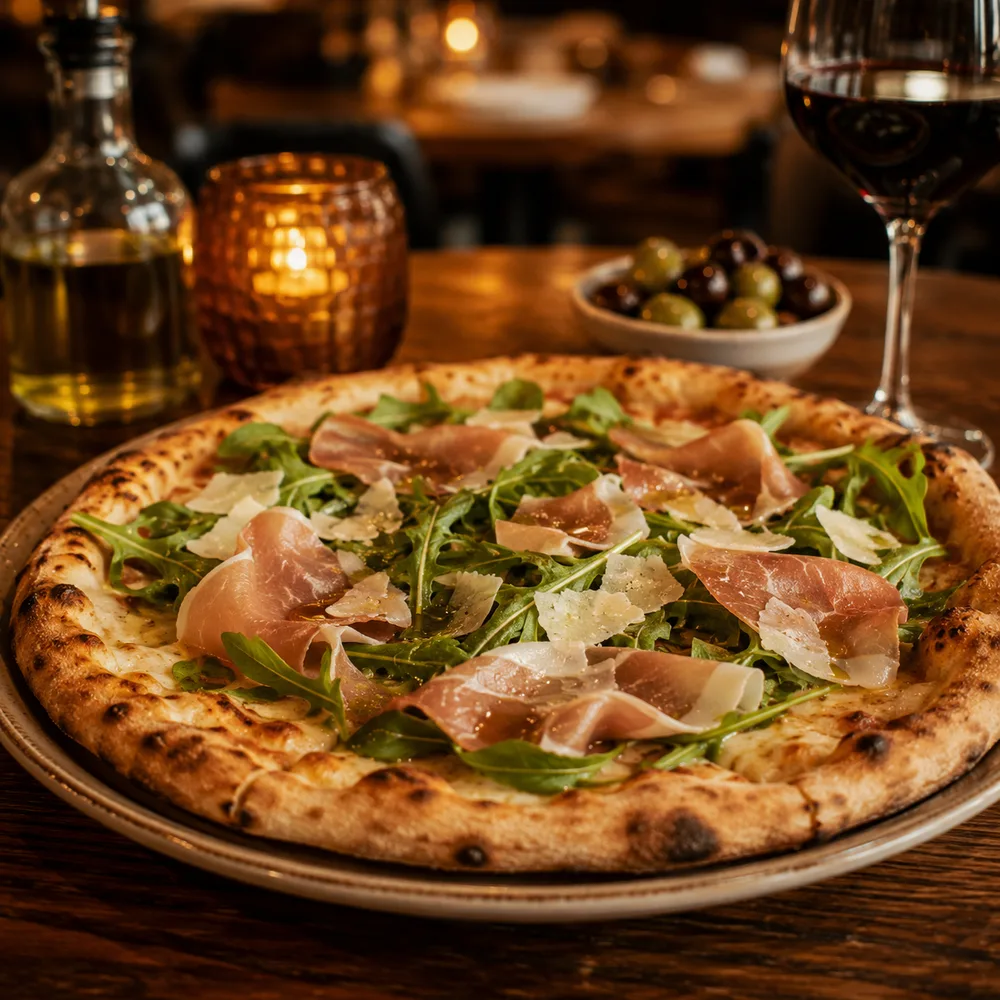 Pizza de salami picante recién horneada