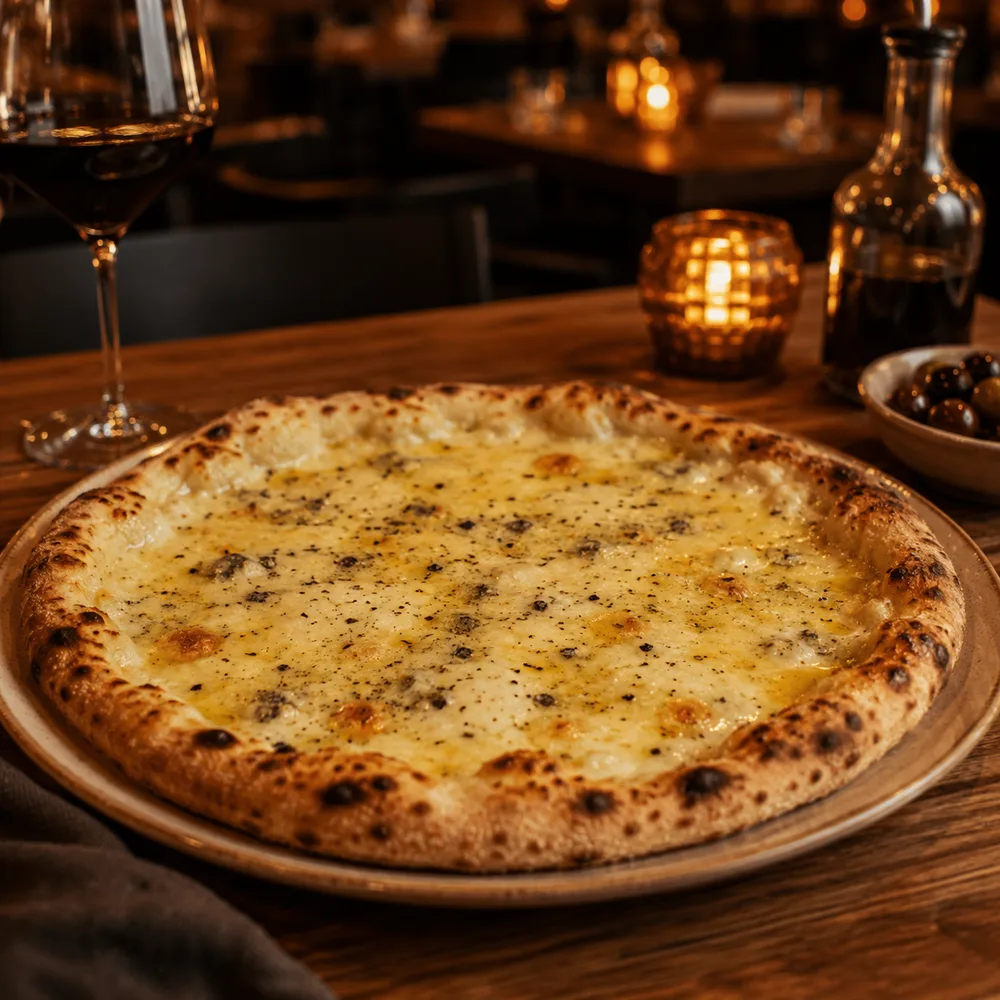 Pizza con hongos variados y queso