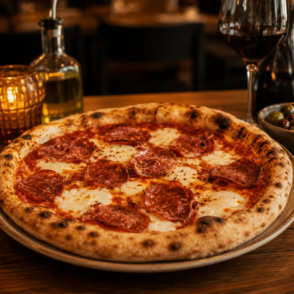 Pizza de prosciutto con arúgula