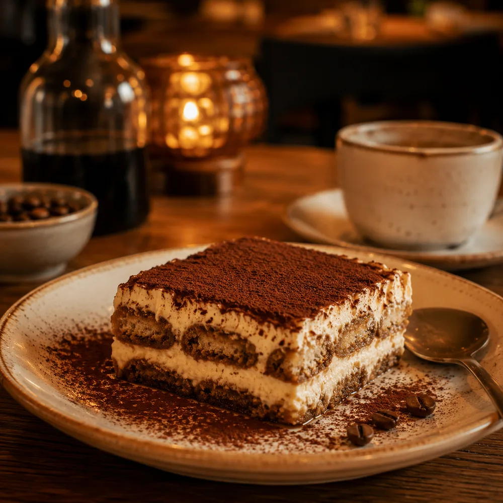 Tiramisú clásico espolvoreado con cacao