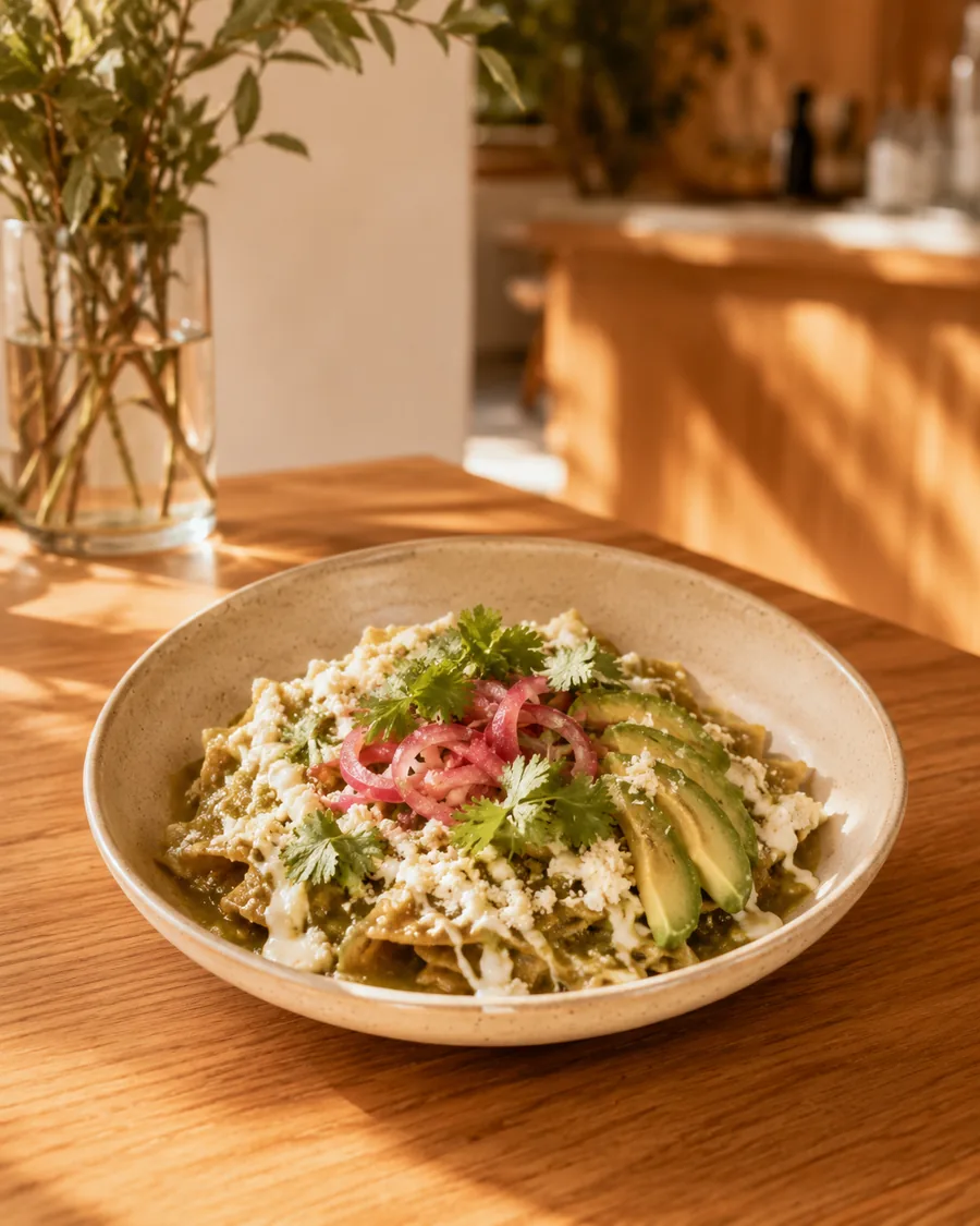 Chilaquiles verdes con aguacate, queso y cebolla encurtida