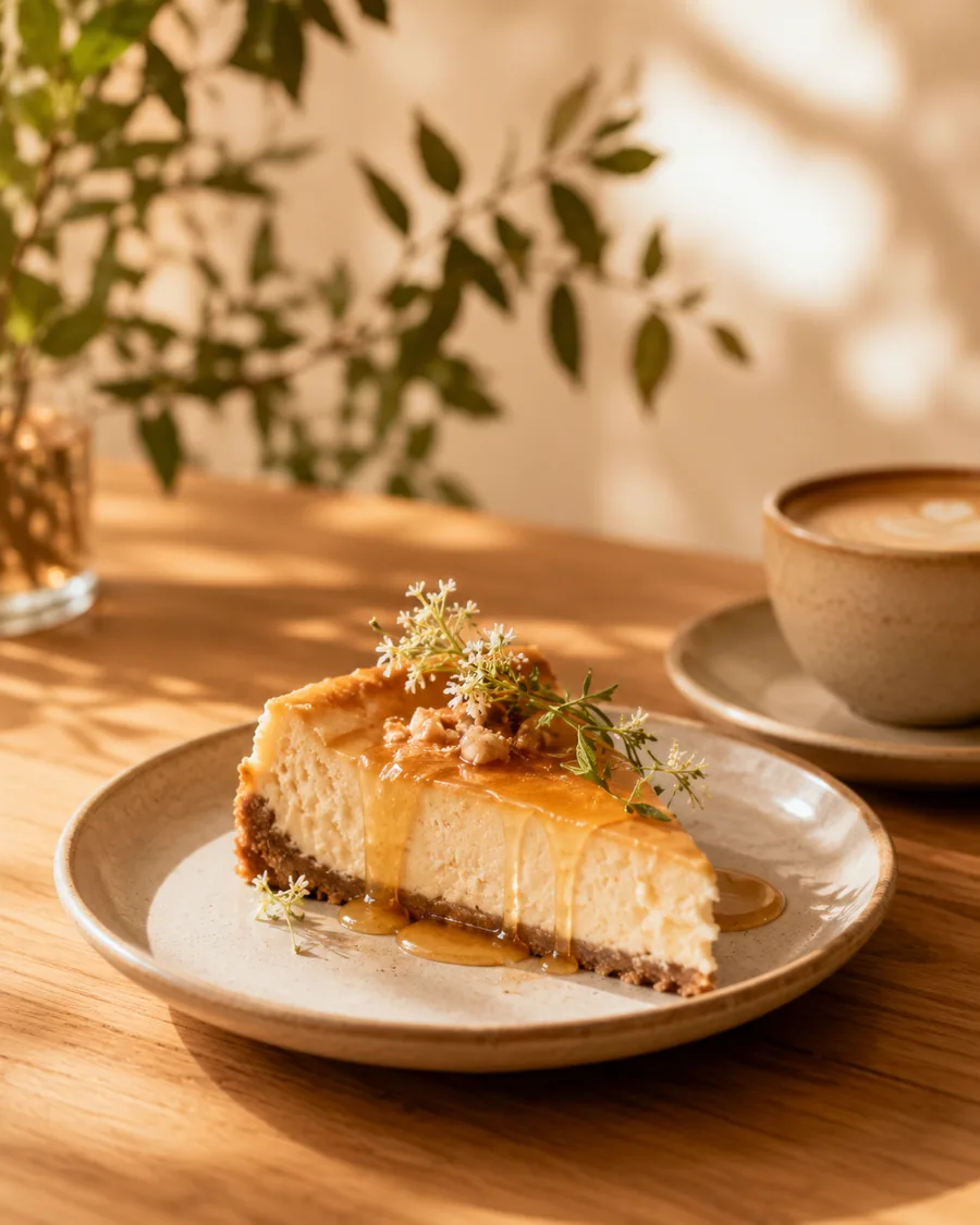 Rebanada de cheesecake con miel y nuez