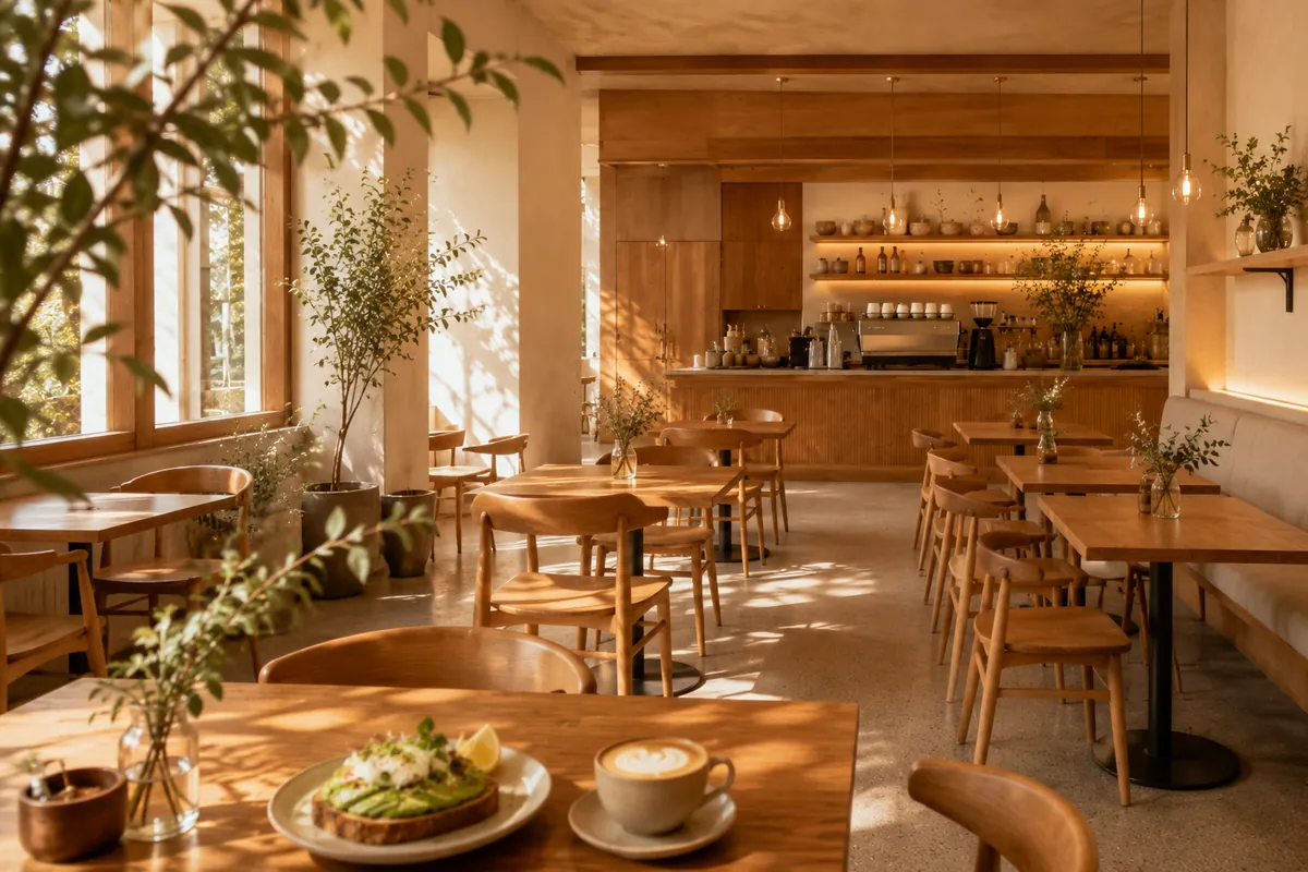 Interior cálido y luminoso de Café Miel