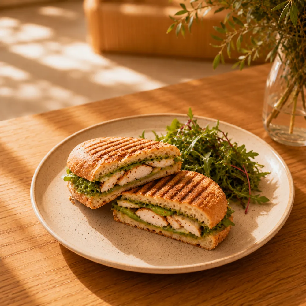 Panini de pollo y aguacate con ensalada