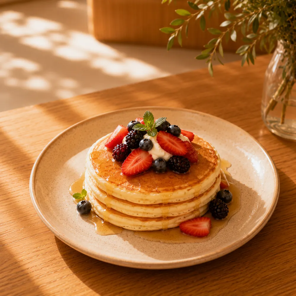 Hotcakes con frutos rojos, crema y miel