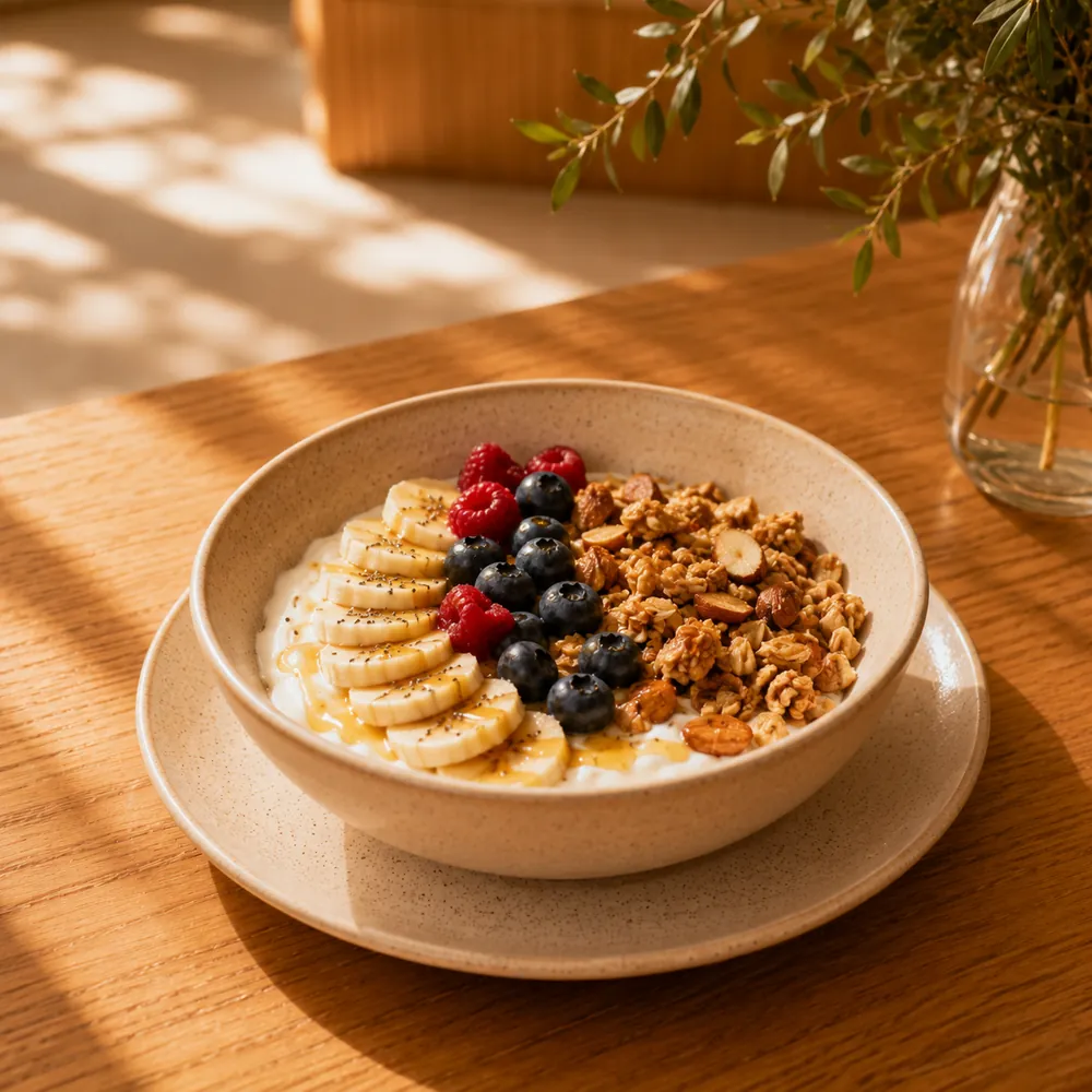 Bowl de yogur con granola, plátano y frutos rojos