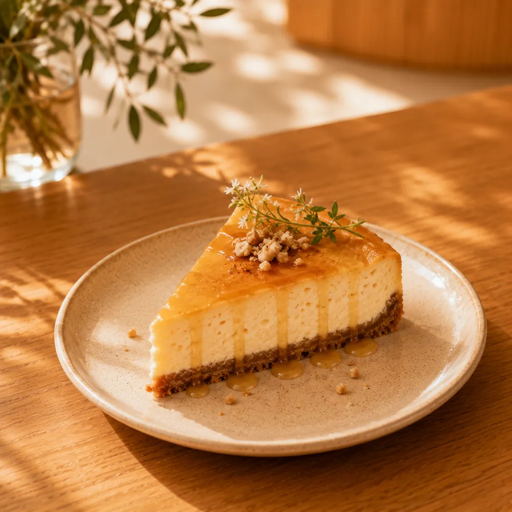 Rebanada de cheesecake con miel y nuez