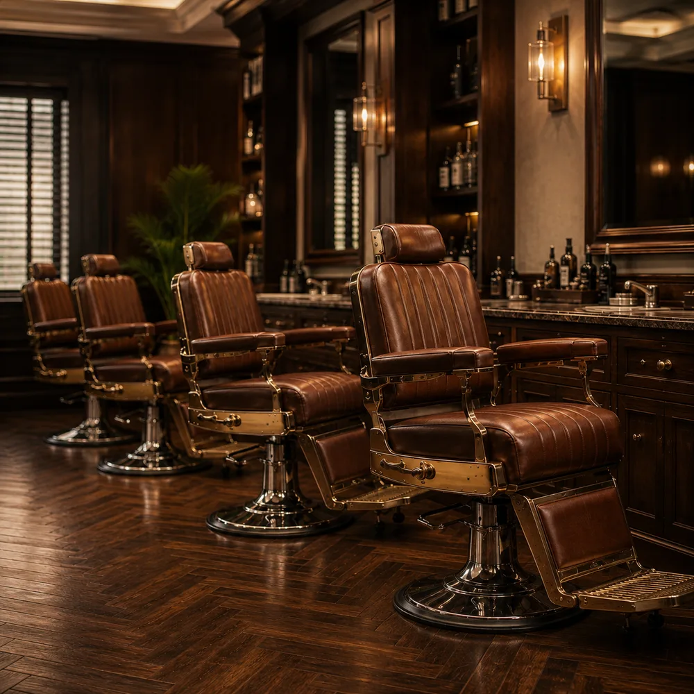 Fila de sillones de cuero en Barbería Nogal