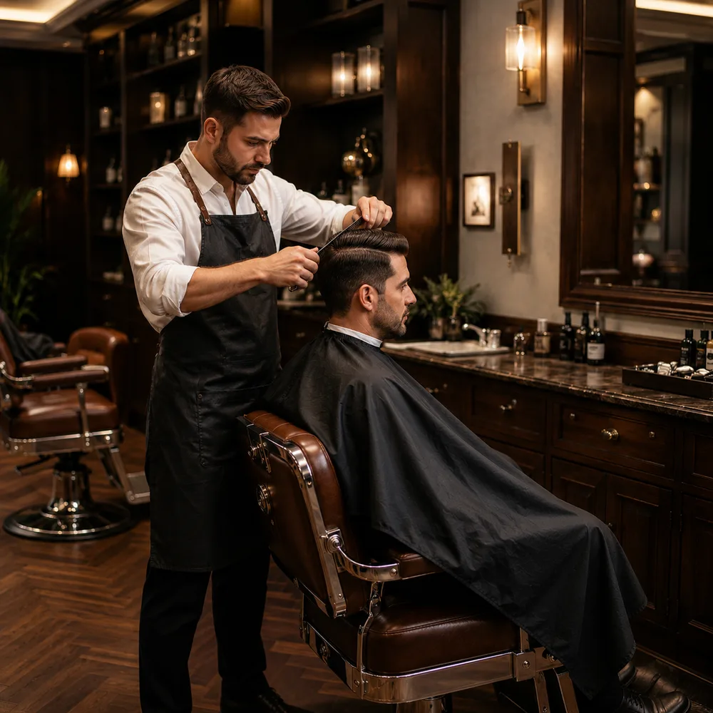 Barbero realizando un corte clásico frente al espejo