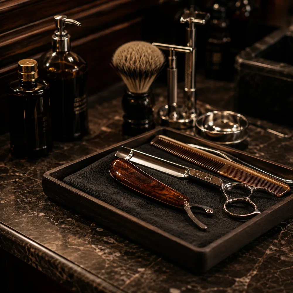 Navaja, tijeras, brocha y productos de barbería