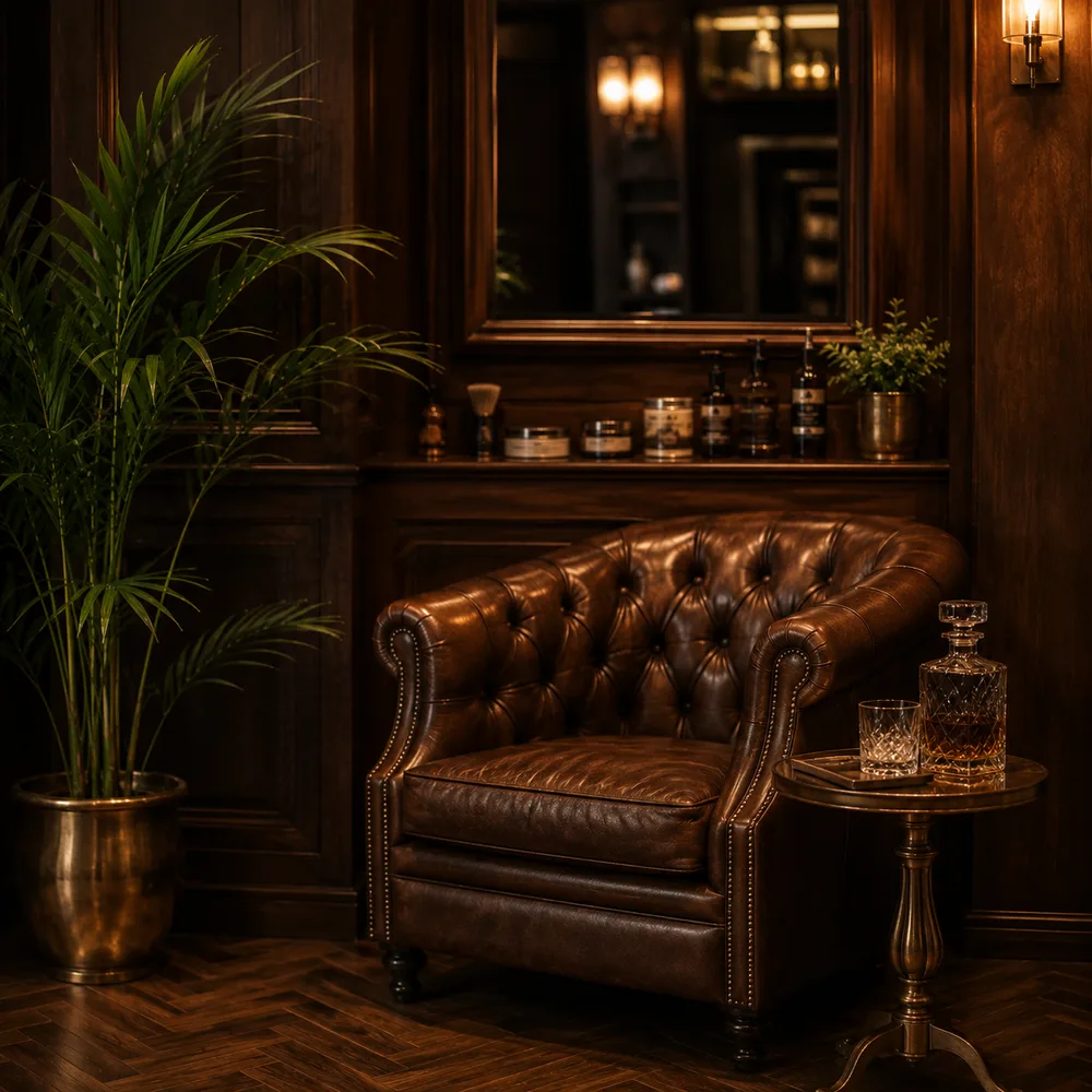 Sala de espera con sillón de cuero y acabados de nogal