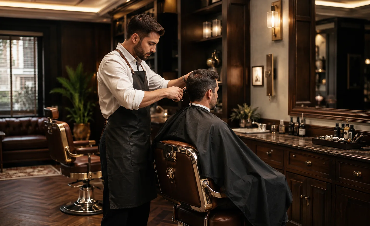 Barbero realizando un corte en el interior de Barbería Nogal