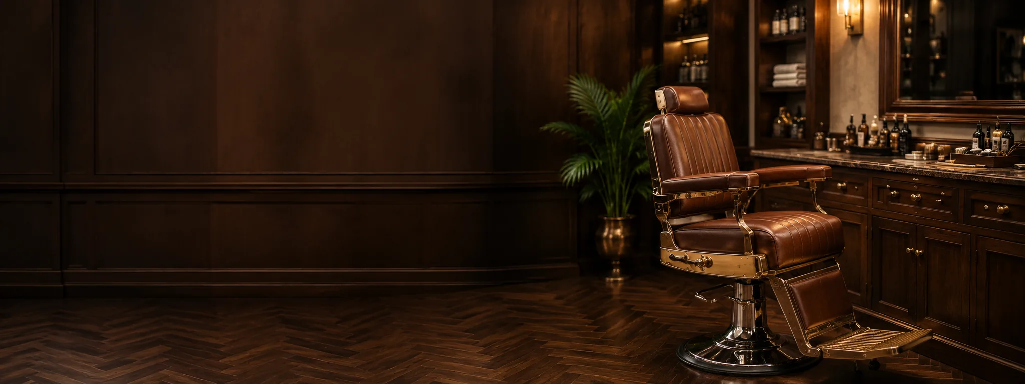 Sillón clásico de Barbería Nogal listo para recibir clientes