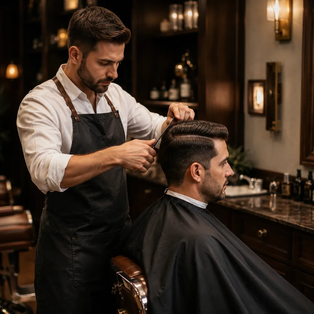 Barbero terminando un corte clásico con tijera