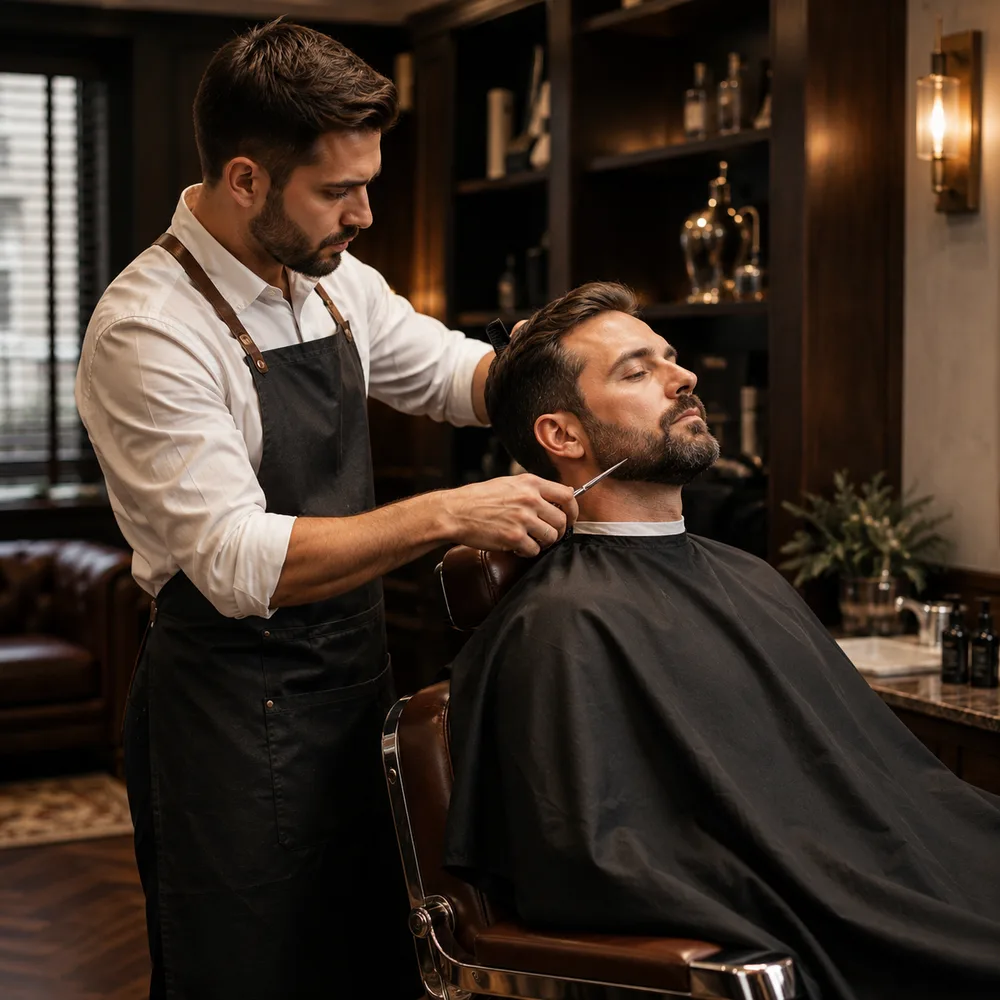 Barbero perfilando una barba con precisión