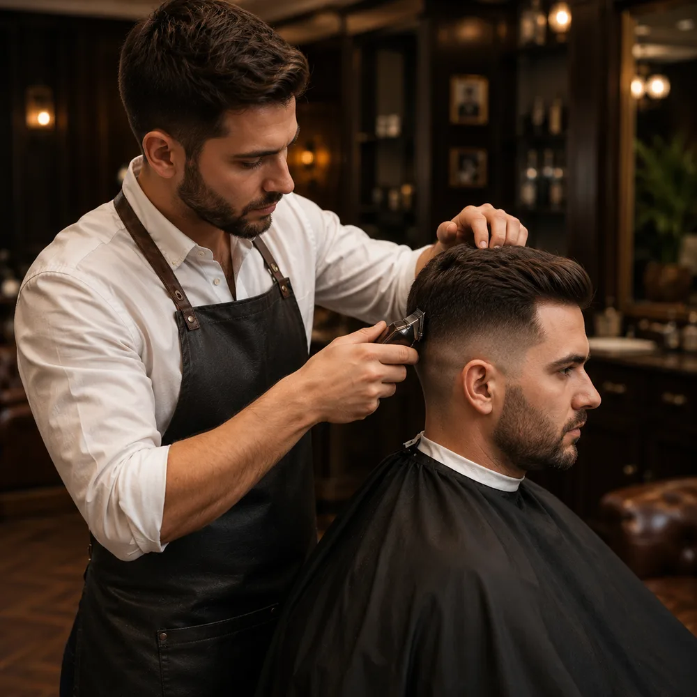 Barbero trabajando un corte fade con máquina