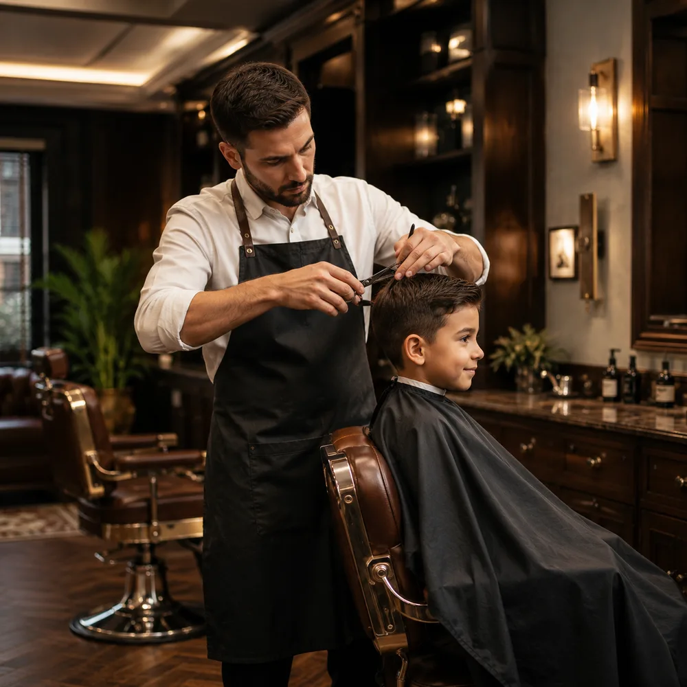 Barbero realizando un corte de cabello infantil