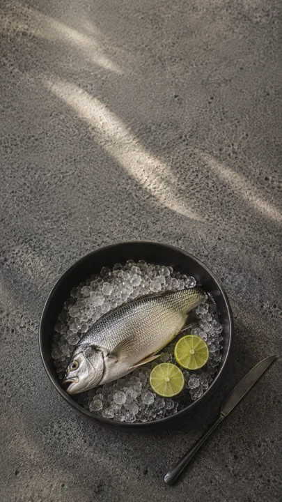 Pescado entero sobre hielo y piedra