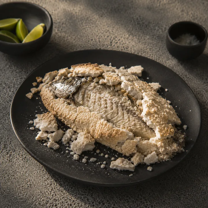 Robalo cubierto con costra de sal