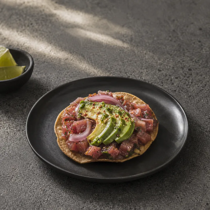 Tostada de atún con aguacate y cebolla encurtida