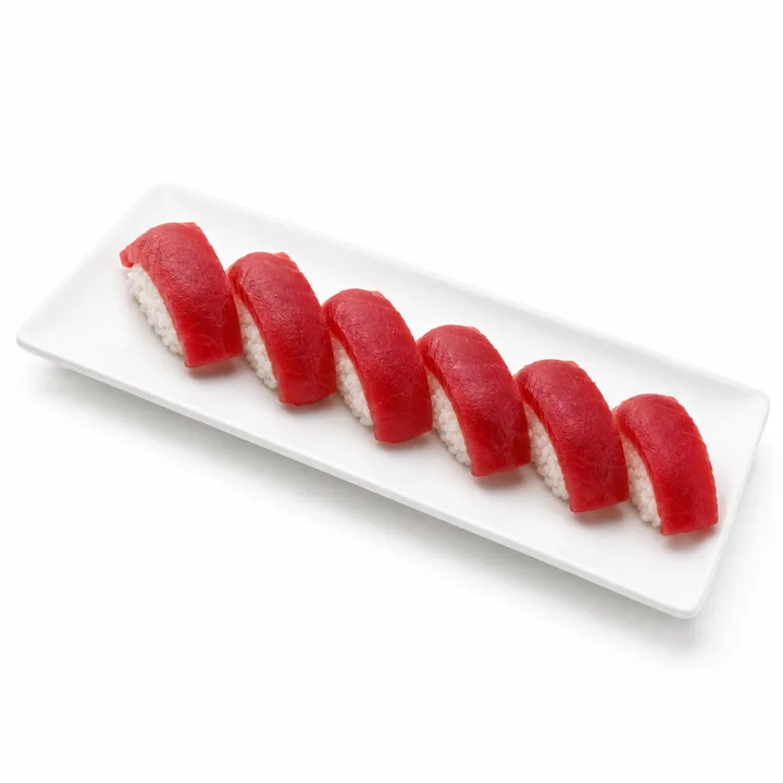 Nigiri de atún sobre porcelana blanca