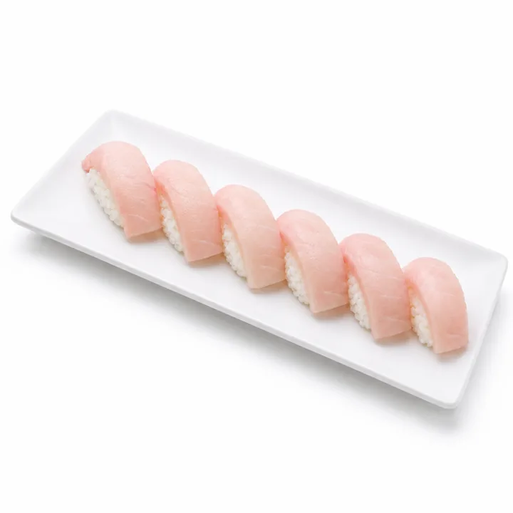 Nigiri de hamachi sobre porcelana blanca