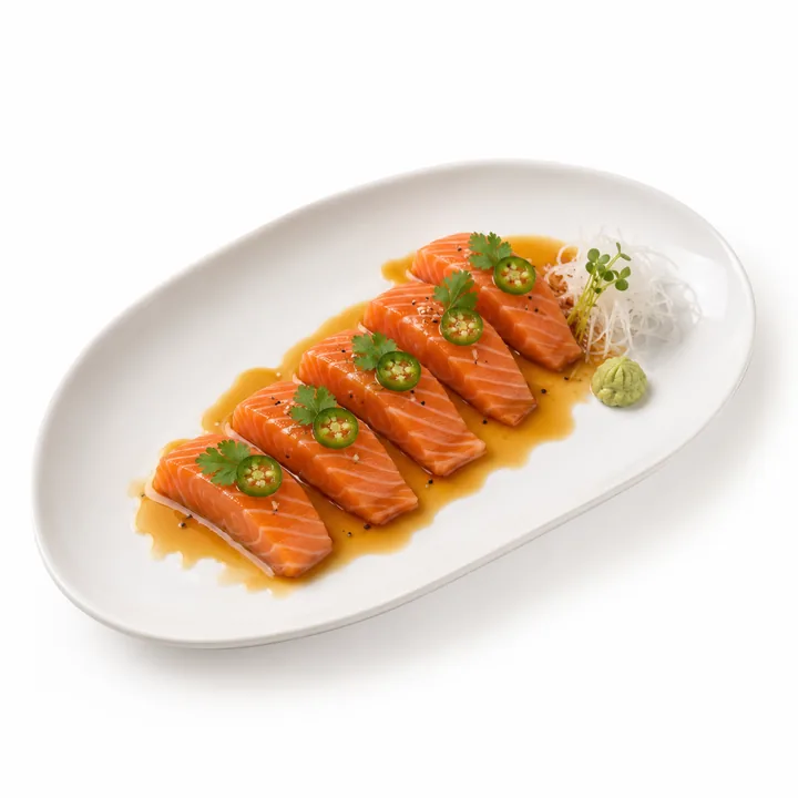 Cinco cortes de sashimi de salmón